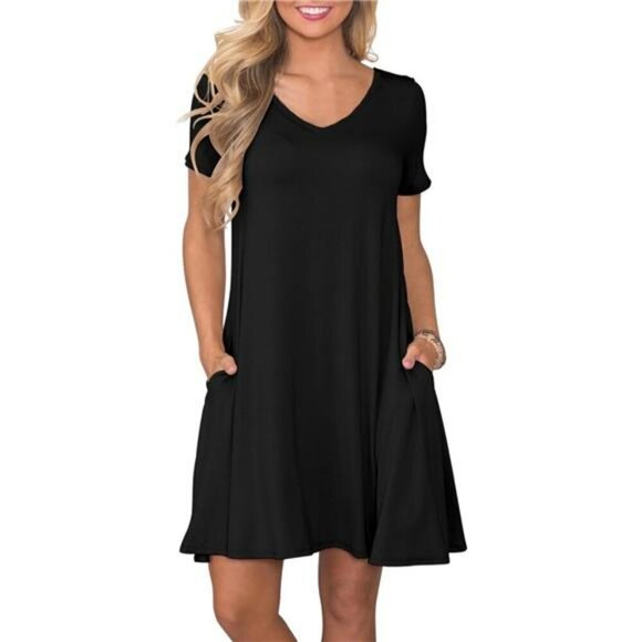 Womens T Shirt Dress Short Sleeve Summer Casual Swing Dress with Pockets - Picture 1 of 5